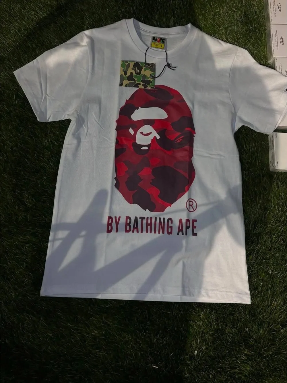 Bape White Tee with Black Ape Outline Graphic